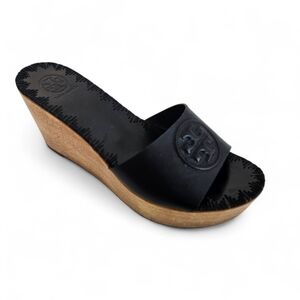 Tory Burch Patty Black Leather Platform Wedge Sandals Logo Size 7.5